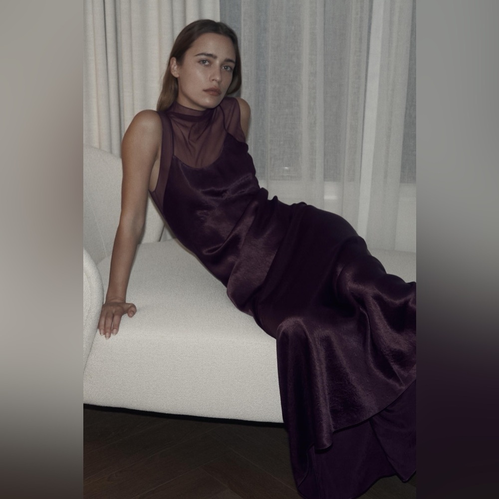 Zara Silky Satin Sheer-Panel Maxi Evening Formal Party Maxi Dress in Deep Plum